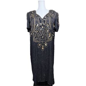 Vintage Black & Gold Sequined Beaded Short Sleeve Cocktail Party Dress Size 2X